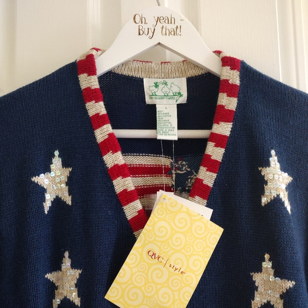 NWT Red White And Blue Star Flag Quaker Factory Sweater Large - Picture 2 of 3